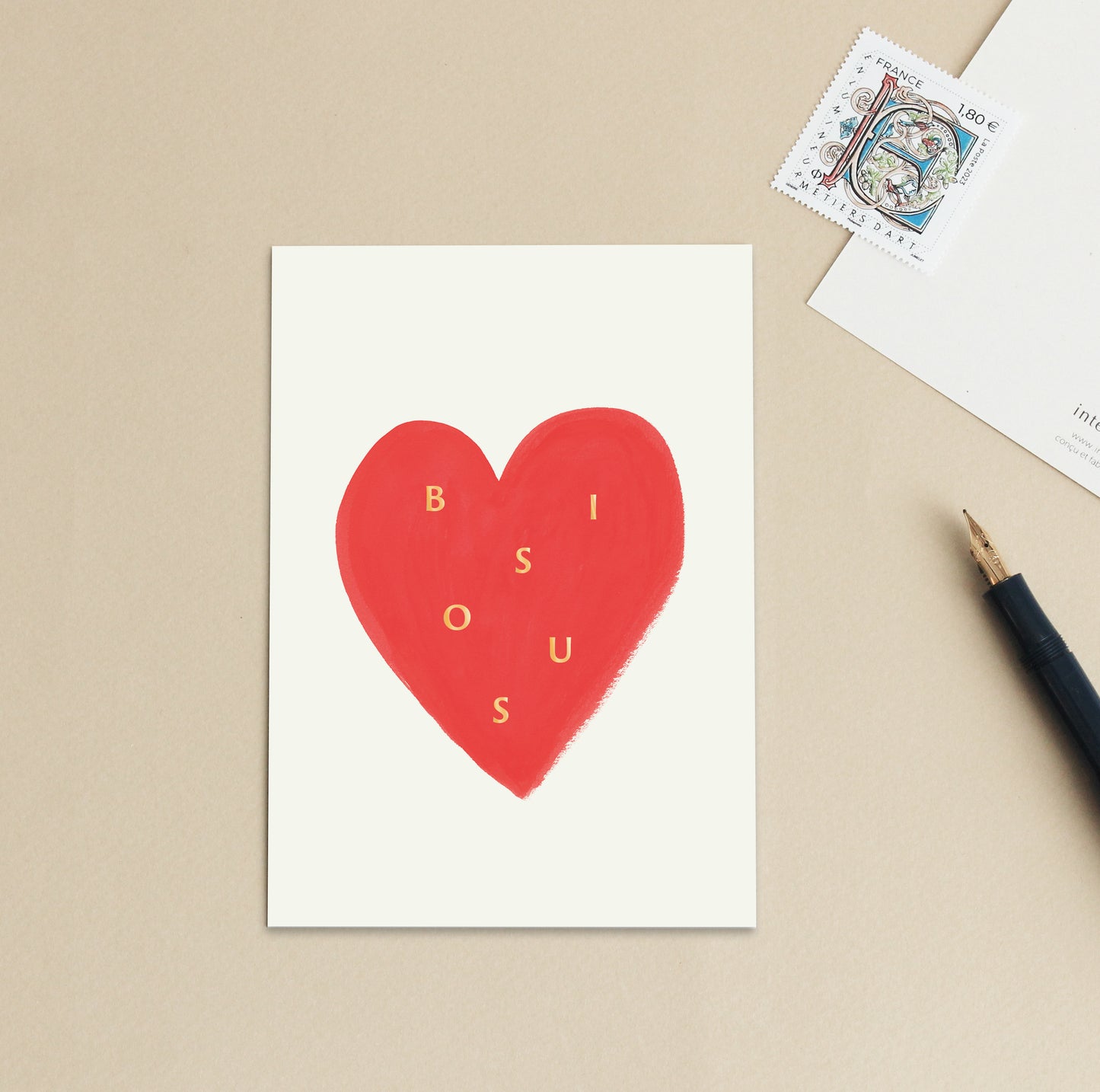 Carte d'art Coeur "Bisous" - Rouge