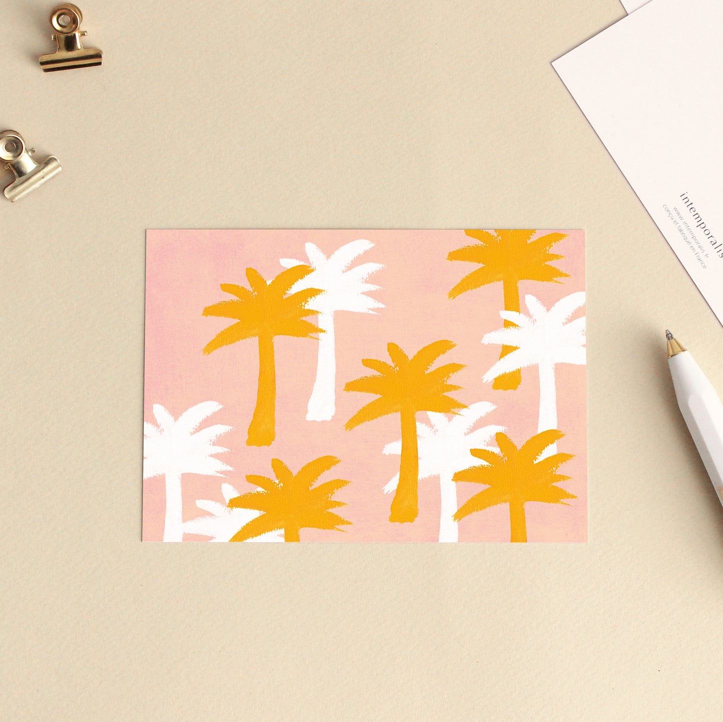 Carte d'art Motif Palmiers - Rose Jaune