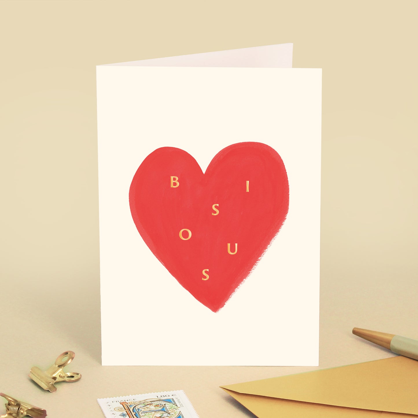 Carte de vœux Coeur "Bisous" - Rouge