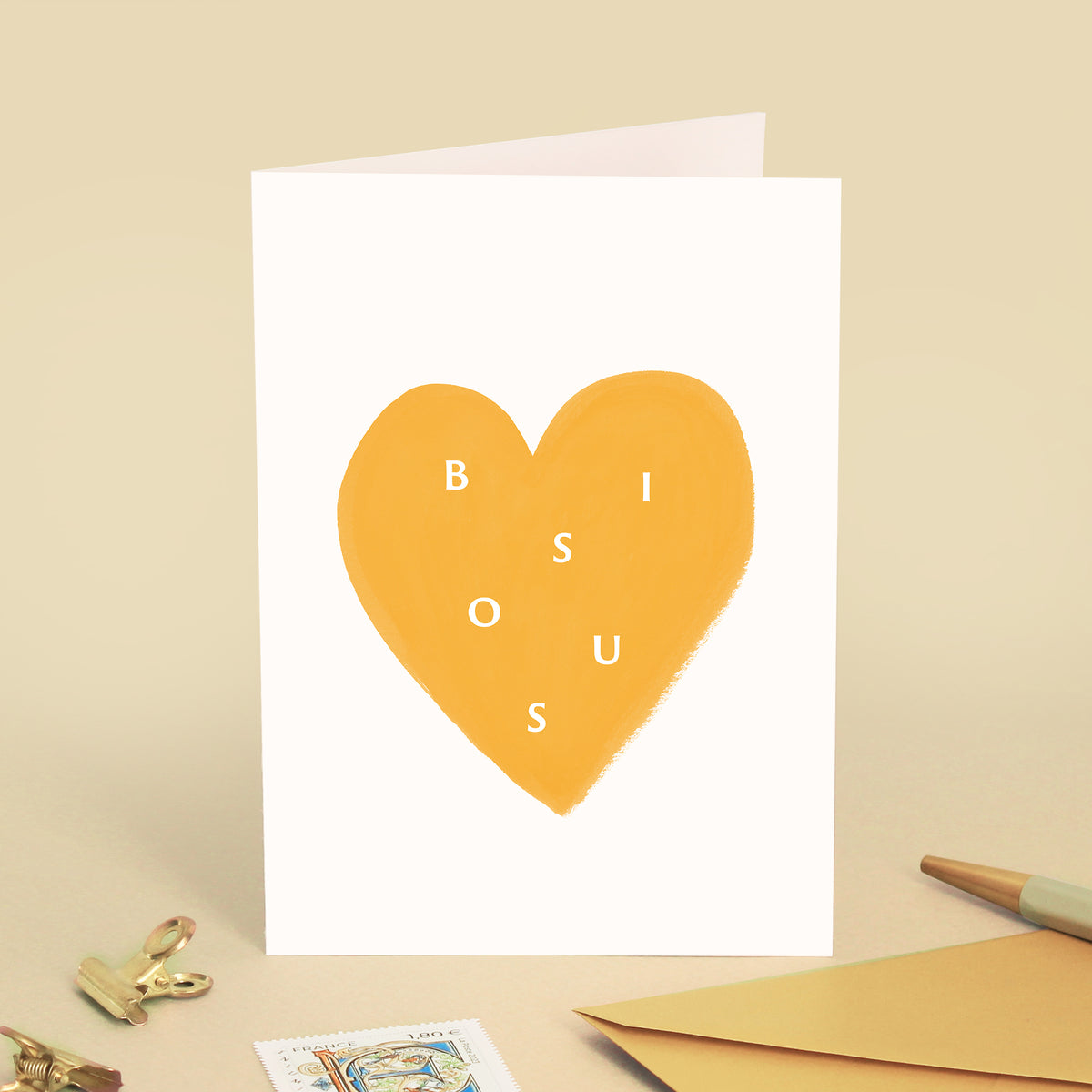 Carte de vœux Coeur "Bisous" - Jaune doré