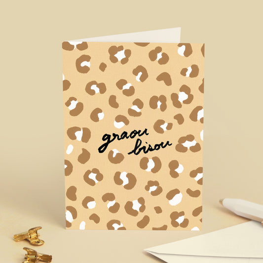 Carte de vœux Léopard "Graou bisou" - Beige