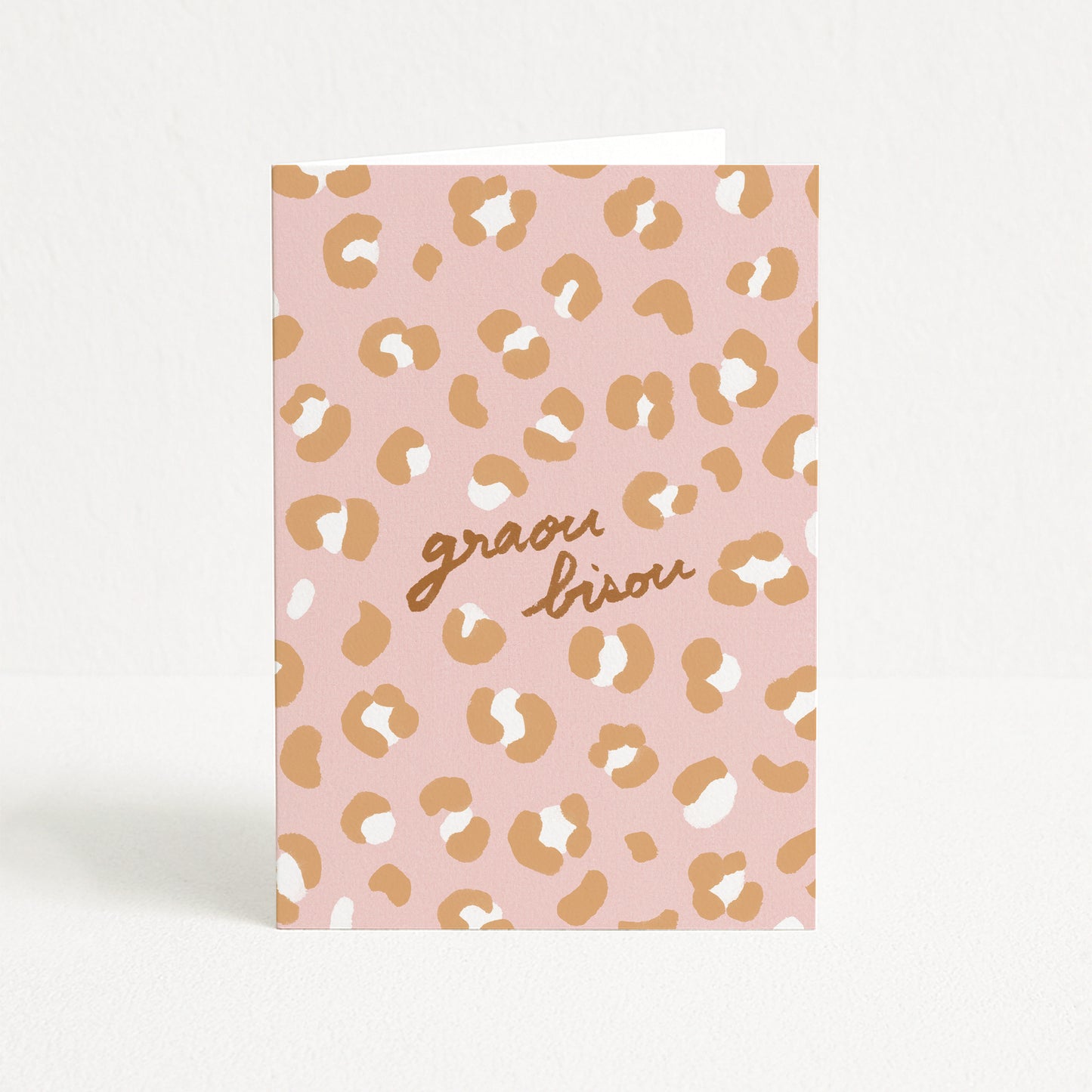 Carte de vœux Léopard "Graou bisou" - Rose pastel