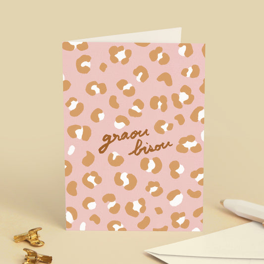 Carte de vœux Léopard "Graou bisou" - Rose pastel