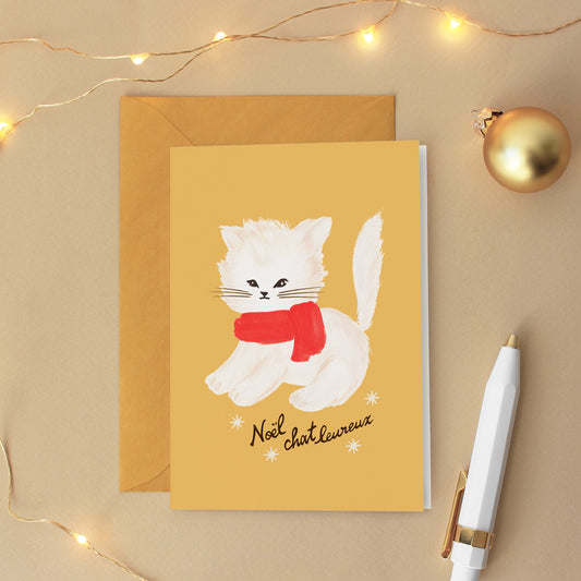 Carte de vœux Noël "Chat-leureux" - Jaune