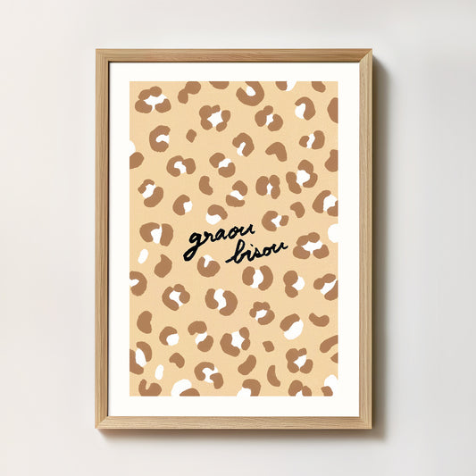 Affiche Motif Léopard "Graou Bisou" - Beige