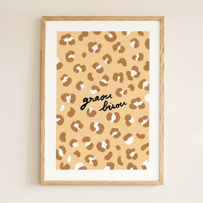 Affiche Motif Léopard "Graou Bisou" - Beige