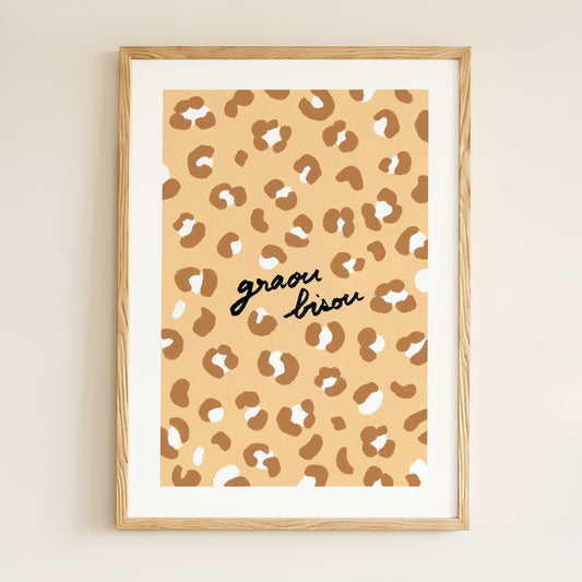 Affiche Motif Léopard "Graou Bisou" - Beige