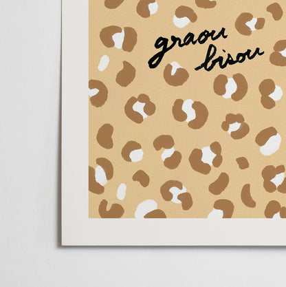 Affiche Motif Léopard "Graou Bisou" - Beige