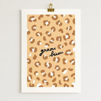 Affiche Motif Léopard "Graou Bisou" - Beige
