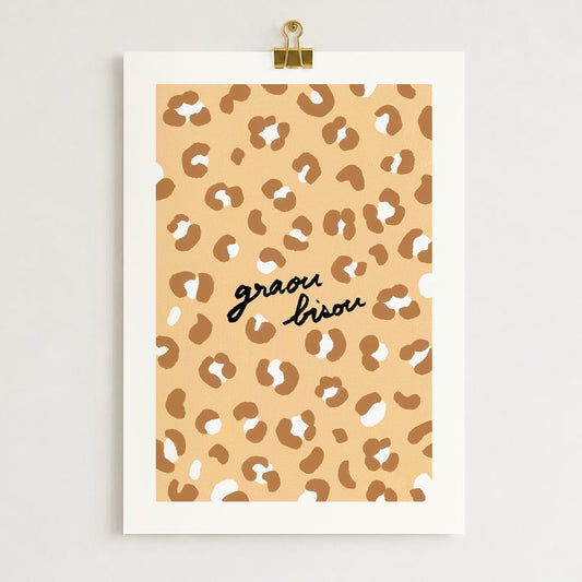 Affiche Motif Léopard "Graou Bisou" - Beige