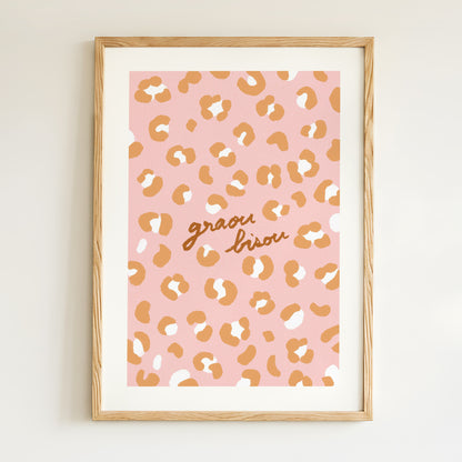 Affiche Motif Léopard "Graou Bisou" - Rose