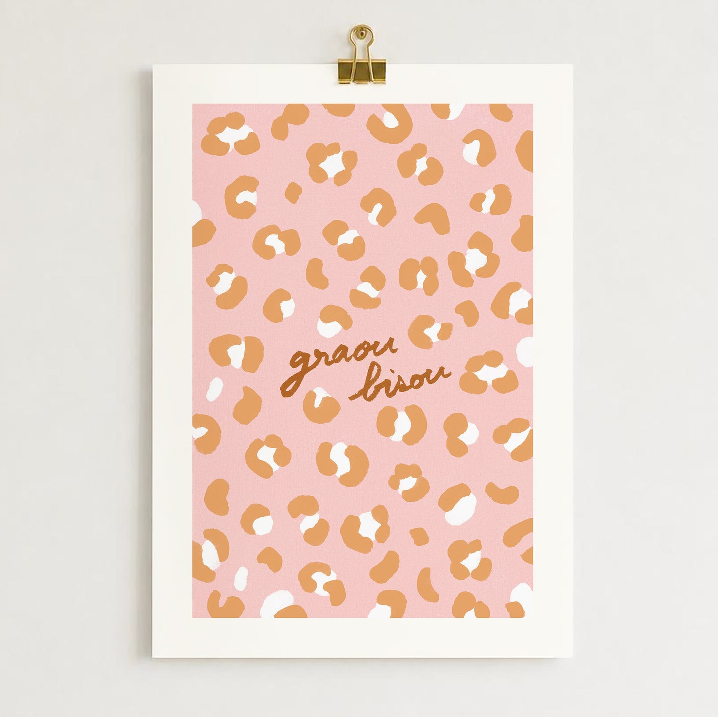 Affiche Motif Léopard "Graou Bisou" - Rose