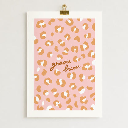 Affiche Motif Léopard "Graou Bisou" - Rose