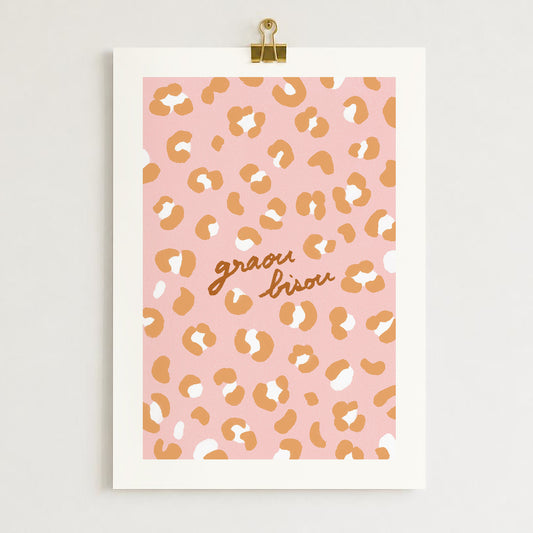 Affiche Motif Léopard "Graou Bisou" - Rose