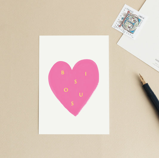 Carte d'art Coeur "Bisous"- Rose