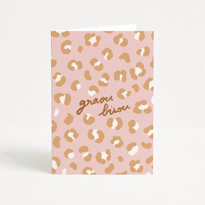 Carte de vœux Léopard "Graou bisou" - Rose pastel