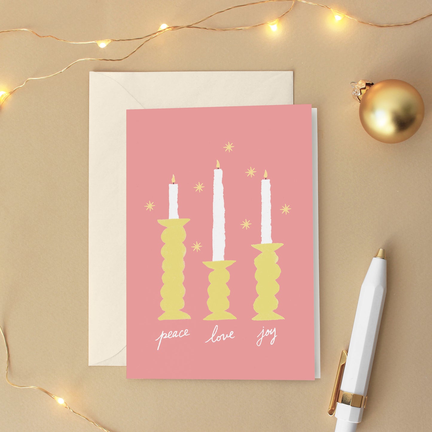 Carte de vœux Noël Bougies "Peace, love, joy"