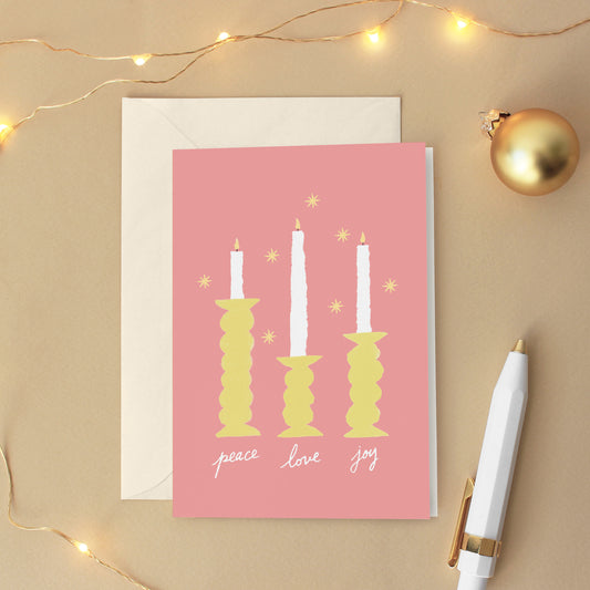 Carte de vœux Noël Bougies "Peace, love, joy"
