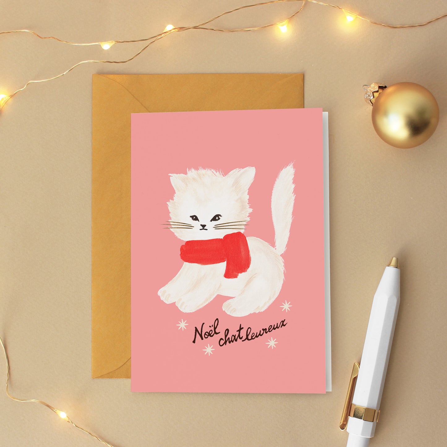 Carte de vœux Noël "Chat-leureux" - Rose