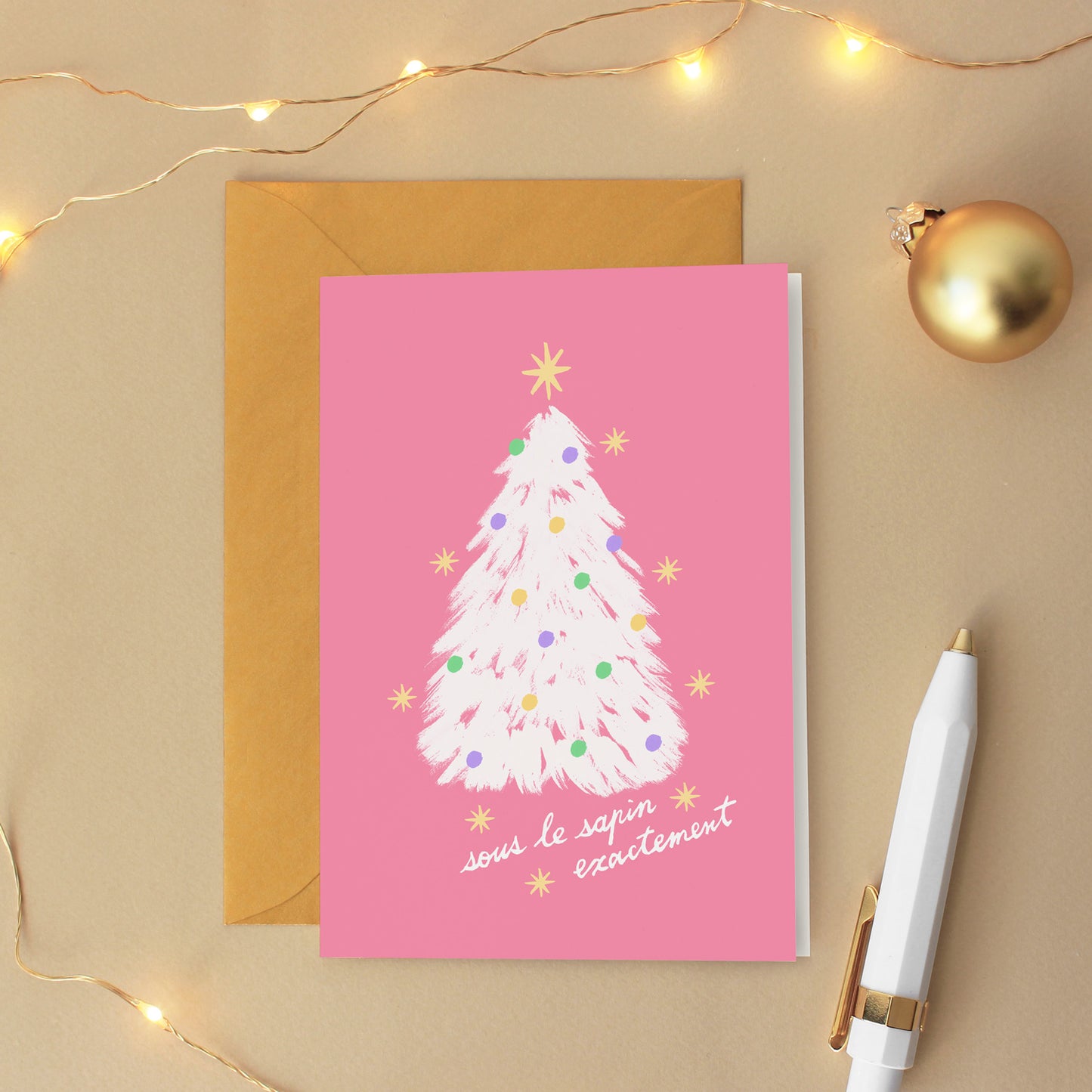 Carte de vœux Noël "Sous le sapin exactement" - Rose