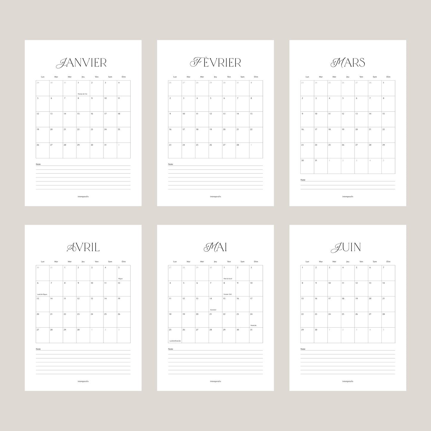 Calendrier murale 2026 - format affiche A4