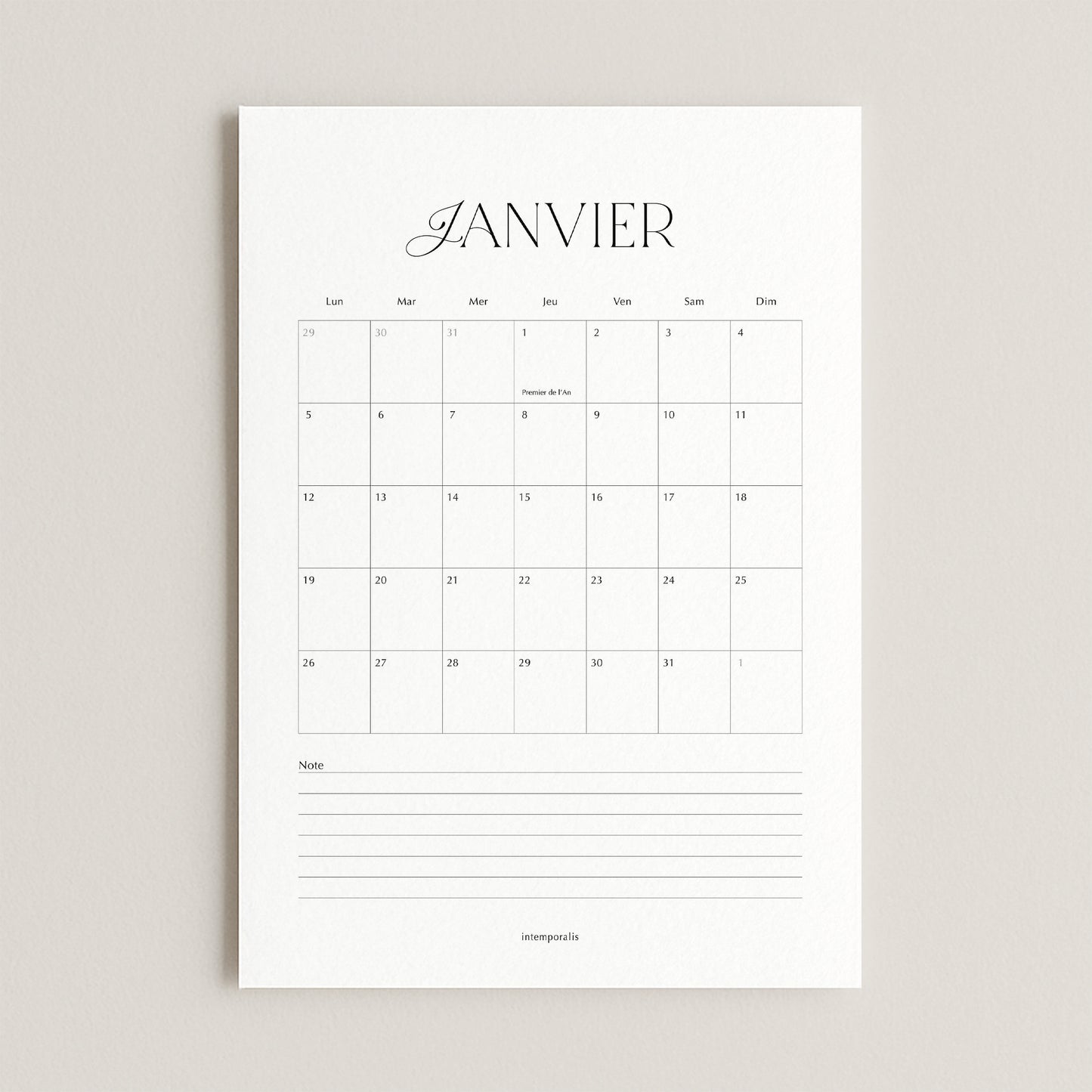 Calendrier murale 2026 - format affiche A4